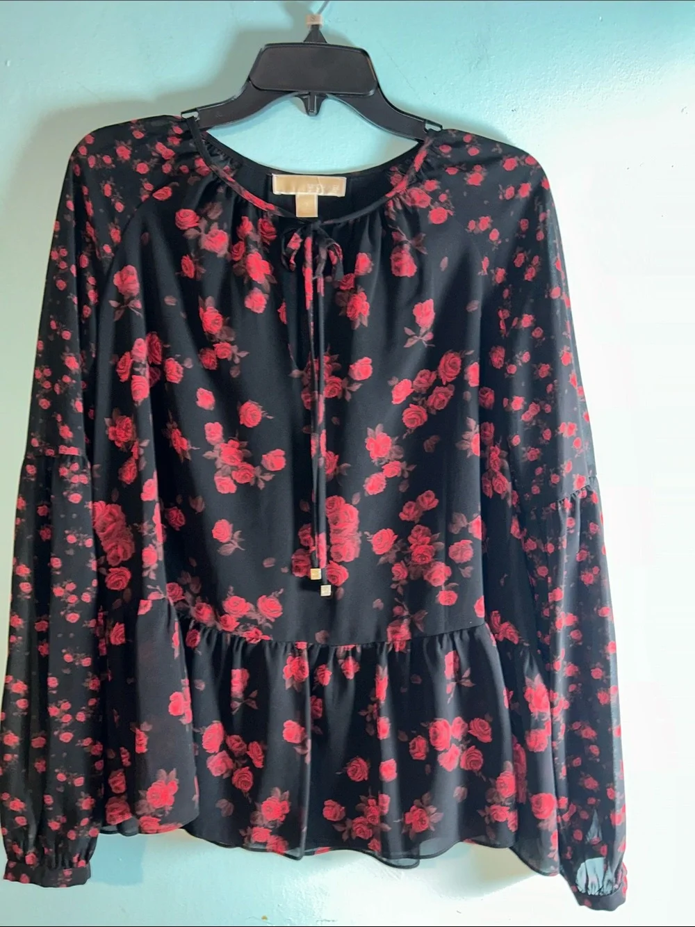 Michael Kors Black Blouse with Red Rose Print